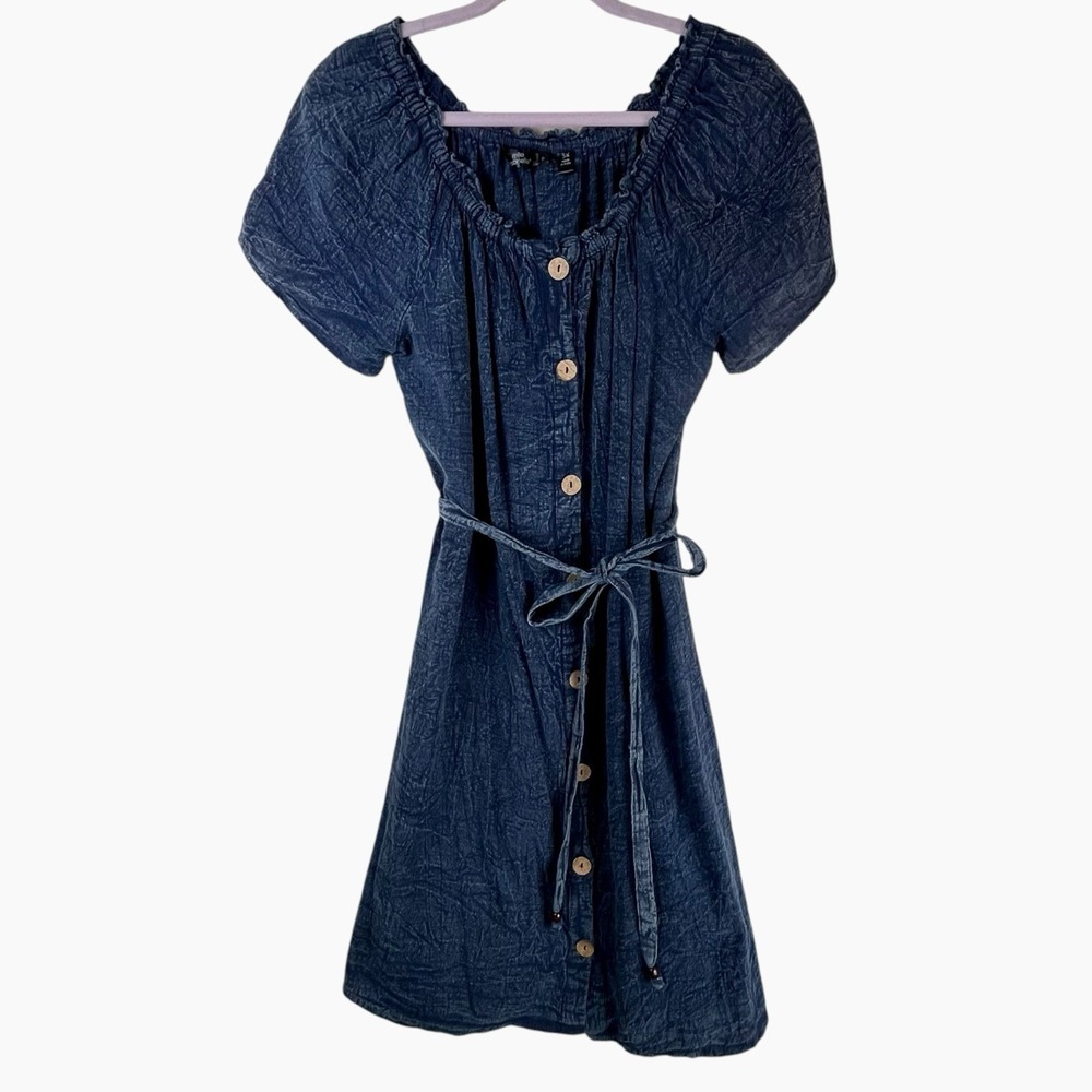 Mlle Gabrielle Chambray Denim Dress 3X Womens Belted Button Down Off Shoulder